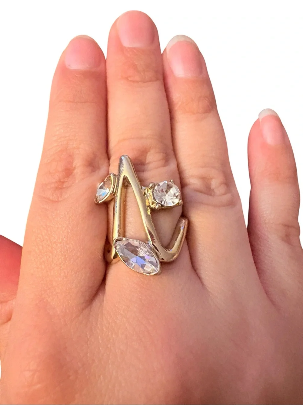 ✨ Y2K Asymmetrical Gold Crystal Statement Ring ✨